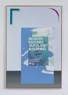 Green Deal (with sprays), 2023<br>Oil, acrylic and fly-poster paper on canvas in tinted primer pine frame<br>124 x 83.5 x 3.2cm<br>After works by GNDRising and Autonomous Design Group