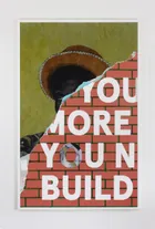 YOU, 2023<br>Fly-poster paper, oil and acrylic on canvas<br>160 x 105 x 3.5cm<br>After works by Patricia Bugembe, Robin DiAngelo, Choose Love and Katharine Hamnett