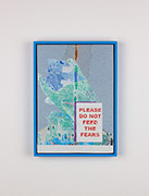 The Fears, 2021<br>Acrylic, fly poster, sticker on canvas in tinted primer pine frame<br>26 x 17 x 2.4cm